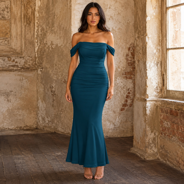 Teal Noir Ruched Off-Shoulder Midi Dress