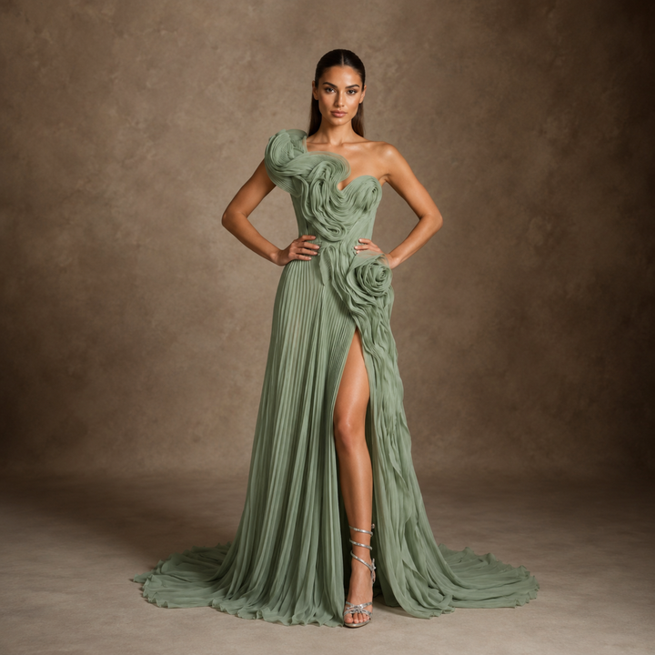 Sage Reverie Rosette Chiffon Evening Gown