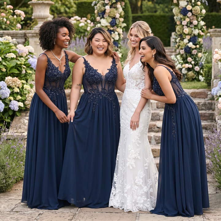 Gilded Garden Navy Illusion Lace Bridesmaid Gown – Garden Destination Wedding Edition