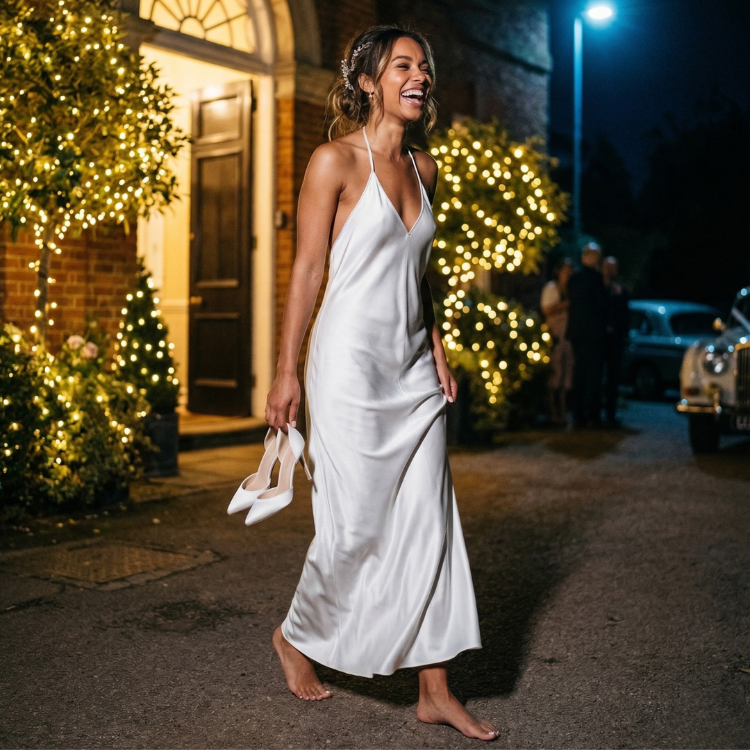 Pearl Union White Satin Halter Dress  —  Backless Bridal Slip Dress for Wedding Morning & Honeymoon
