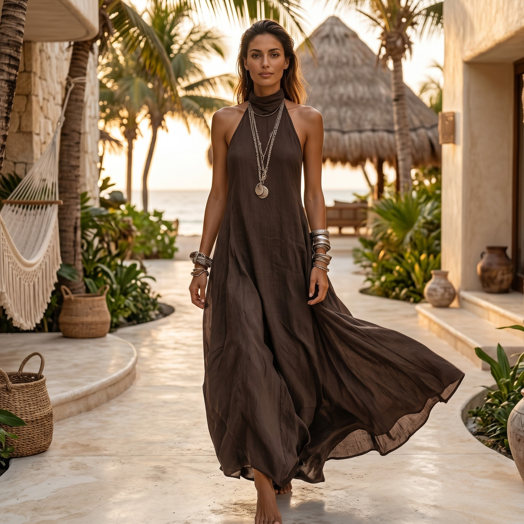 Chocolate Amour Flowing Halter Maxi Dress
