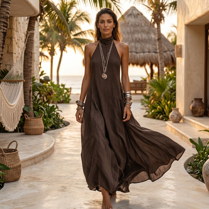Chocolate Amour Flowing Halter Maxi Dress