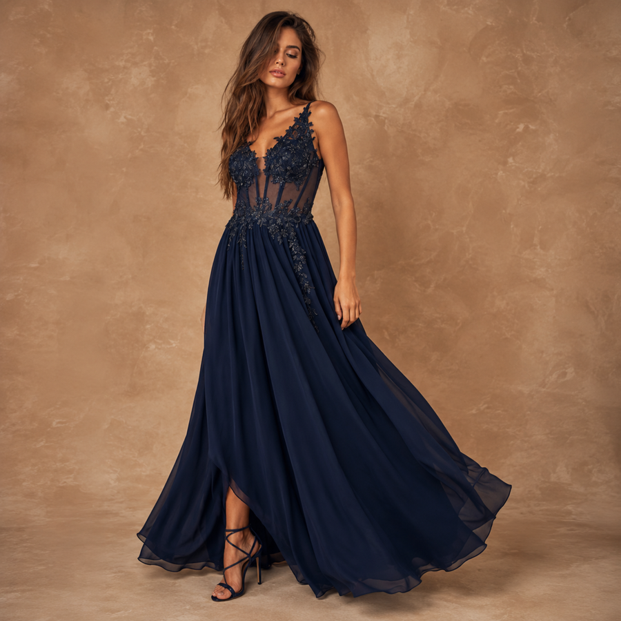 Gilded Garden Navy Illusion Lace Gown