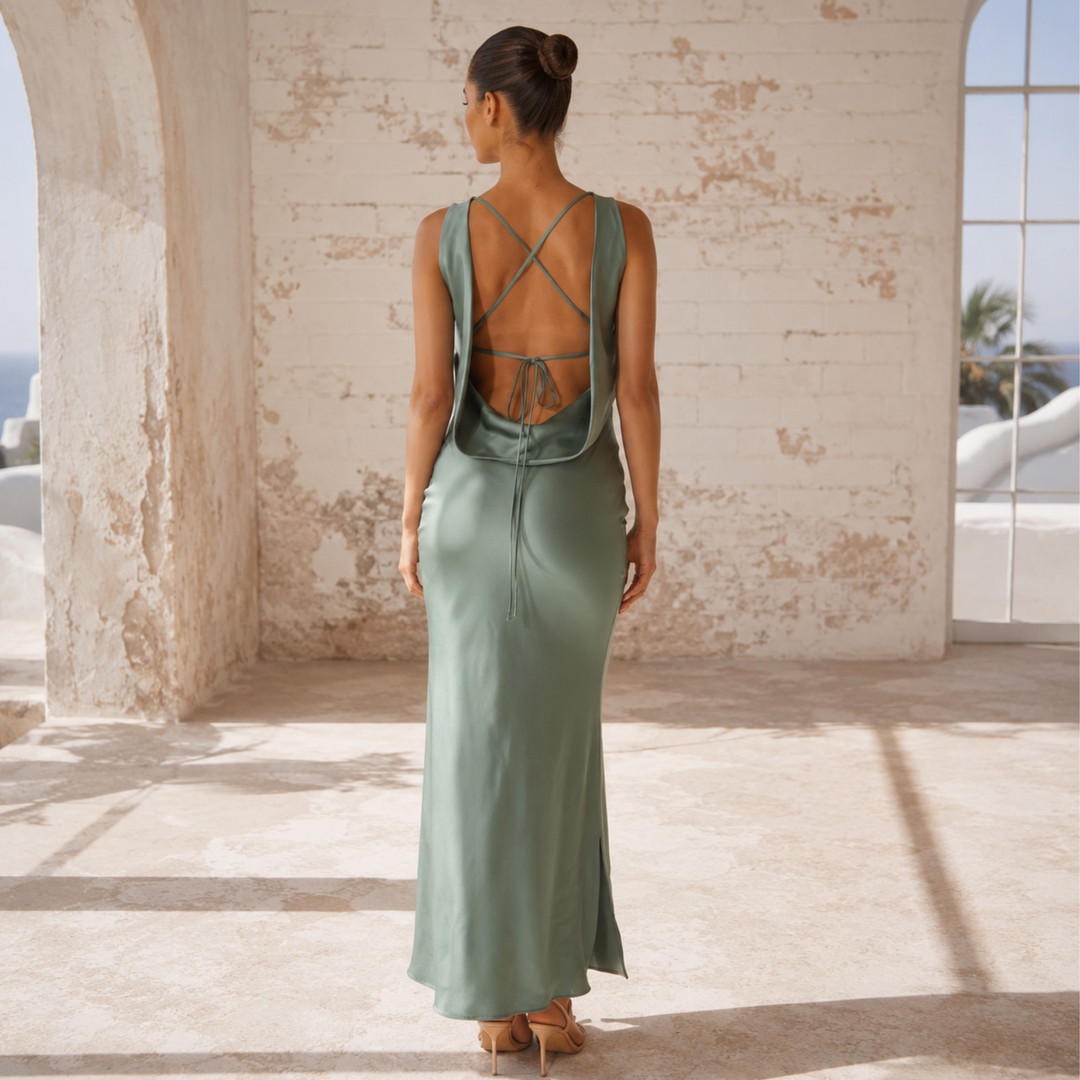 Sage Reverie Open-Back Satin Dress
