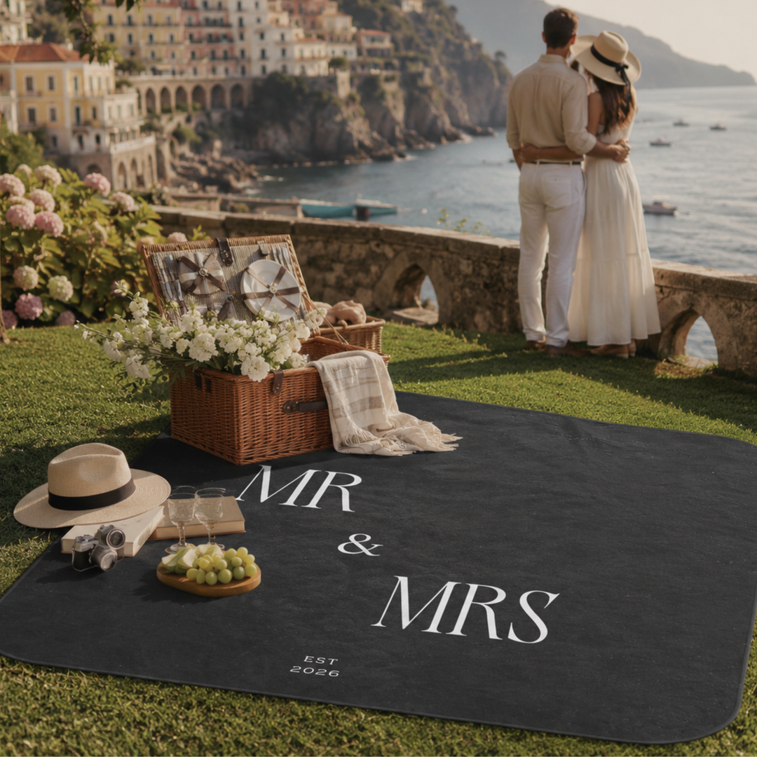 Midnight Union Picnic Blanket  —  Mr & Mrs Est 2026 Honeymoon & Wedding Gift