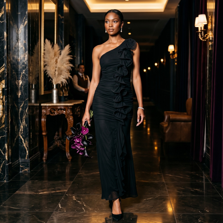 Midnight Union Ruffle Cascade One-Shoulder Gown Modern Black Bridal Dress for Destination Weddings