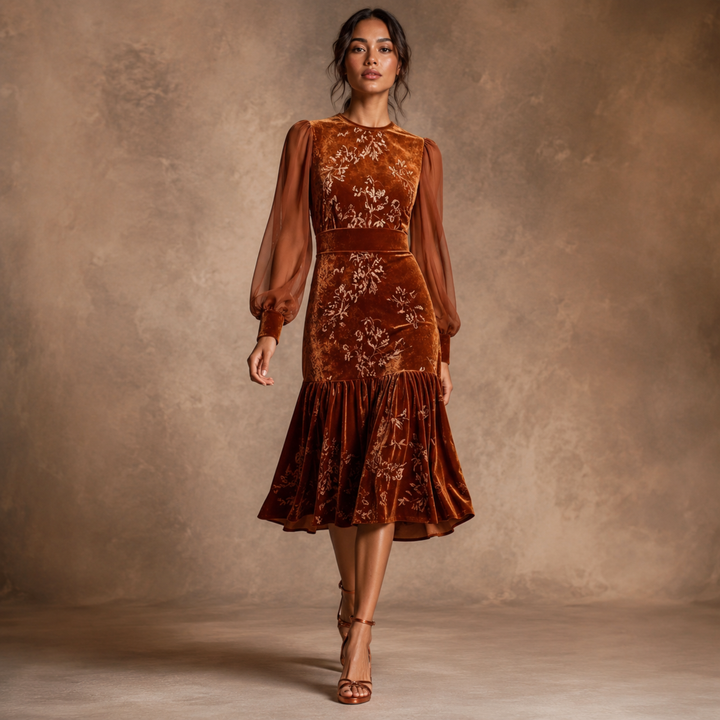 Copper Keepsake Velvet Floral Midi Dress