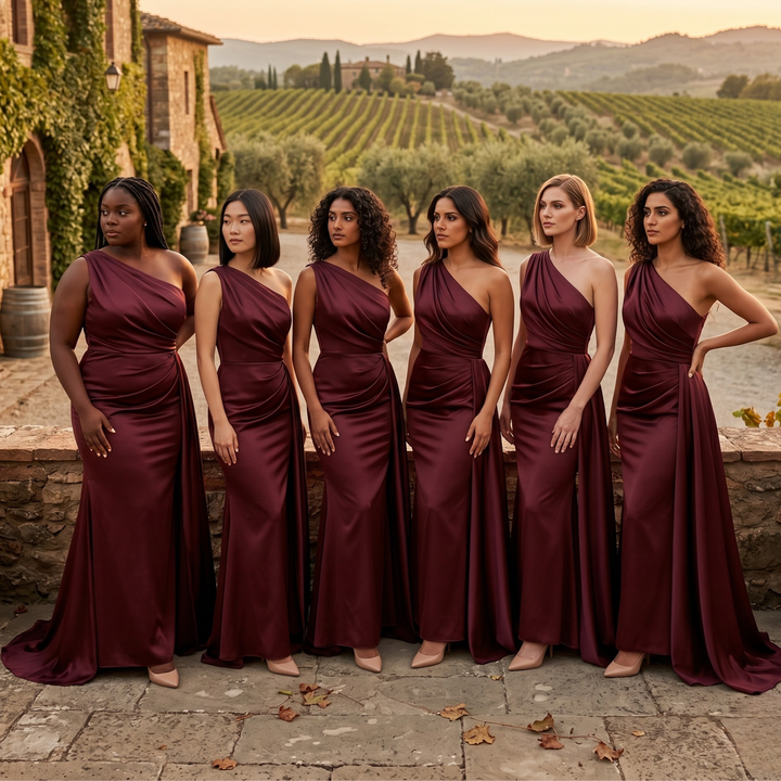 Crimson Promise Satin Mermaid Gown – Vintage Vineyard Destination Bridesmaid Dress