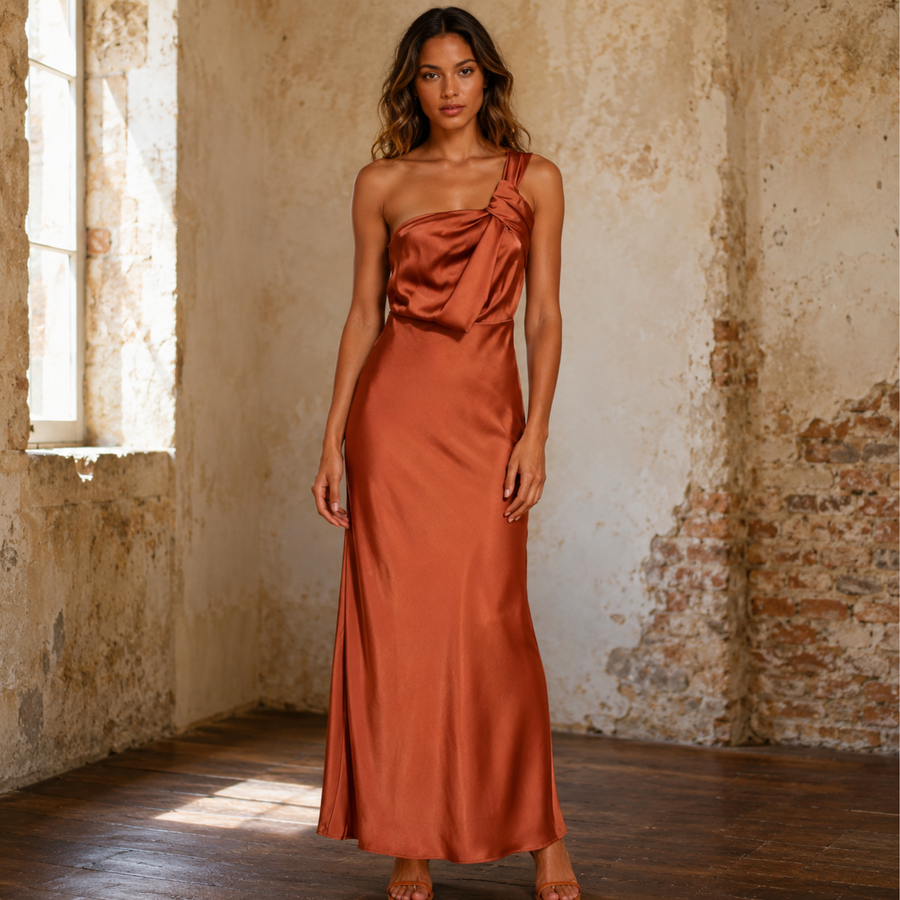 Copper Keepsake - One Shoulder Sleeveless Maxi Dress