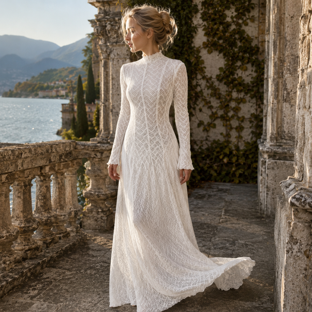Pearl Union Alpine Noir Long Sleeve Mountain Bridal Gown- Lace Mock Neck Long Sleeve Maxi Dress