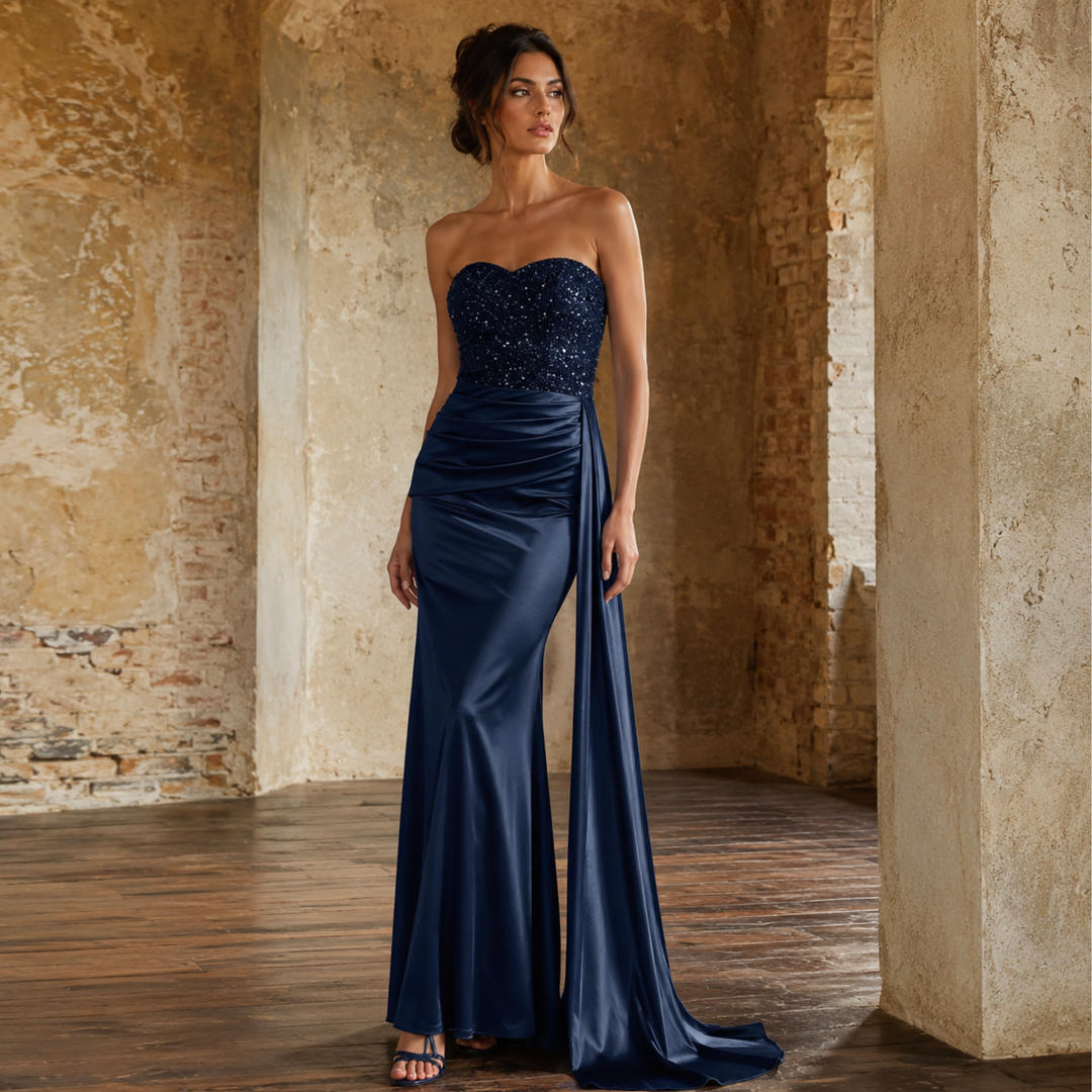 Gilded Garden Navy Sequin Strapless Gown