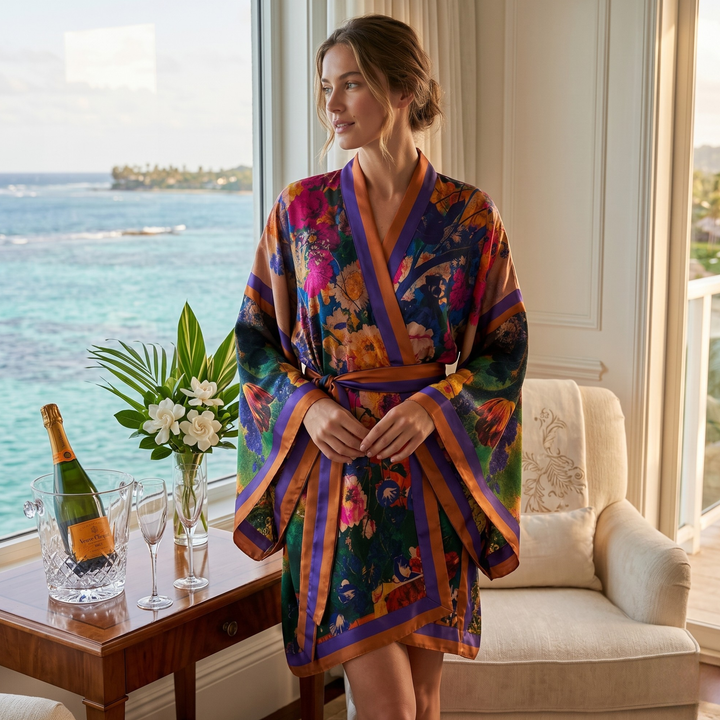 Golden Peony Kimono Robe | Bohemian Honeymoon Lounge Wrap