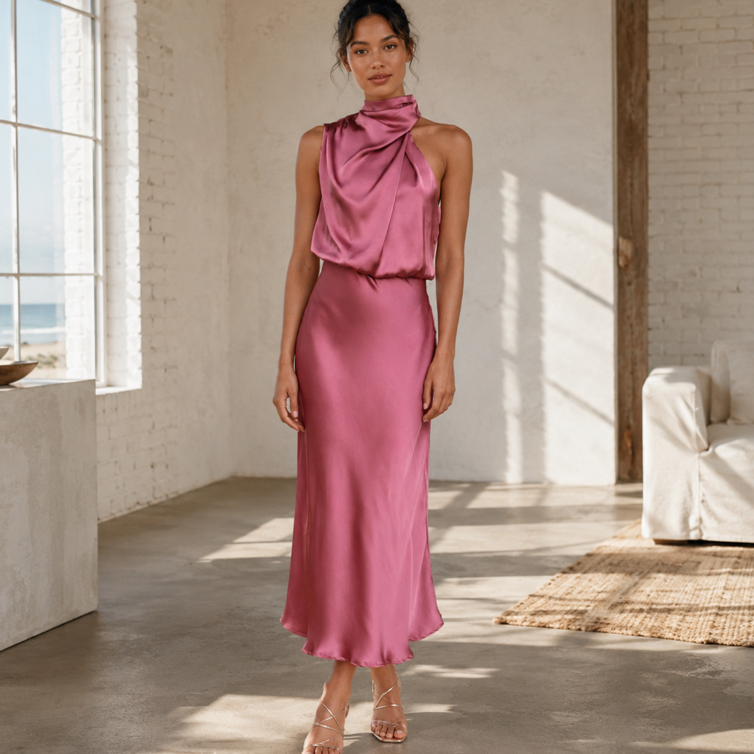 Rose Dusk Reverie Asymmetrical Satin Maxi Dress