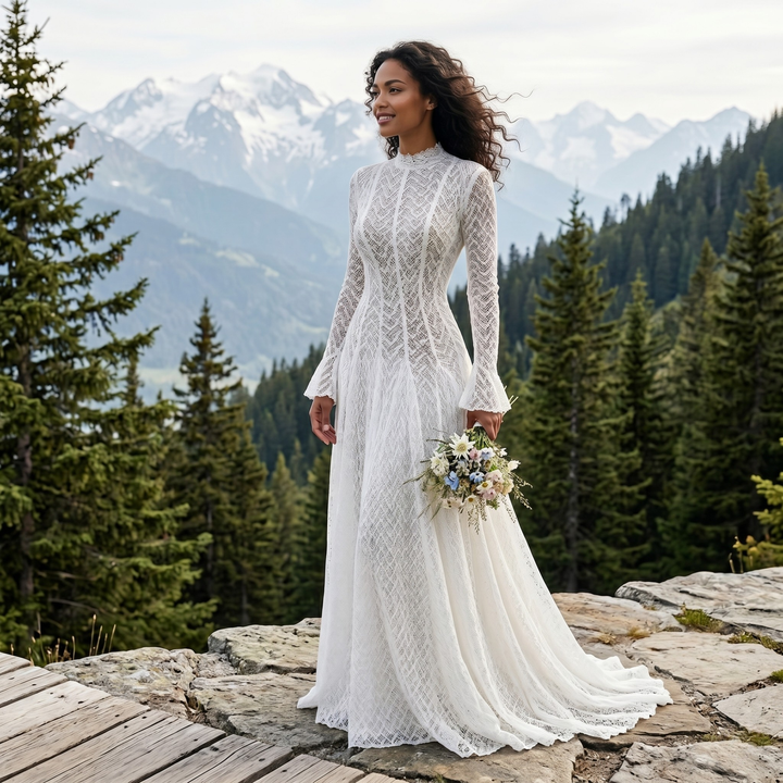 Pearl Union Alpine Noir Long Sleeve Mountain Bridal Gown- Lace Mock Neck Long Sleeve Maxi Dress