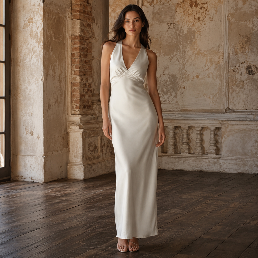 Ivory Reverie Backless Halter Gown
