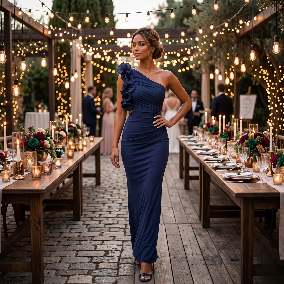 Gilded Garden Navy Ruffle One-Shoulder Bridesmaid Gown  —  Luxe Destination Edition