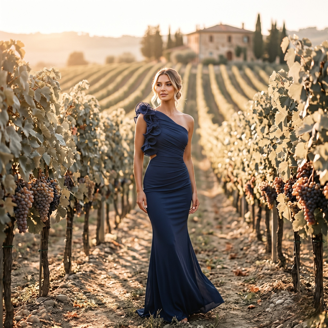Gilded Garden Navy Ruffle One-Shoulder Bridesmaid Gown  —  Luxe Destination Edition