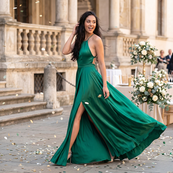 Emerald Embrace Halter Backless Bridesmaid Maxi Dress with Slit