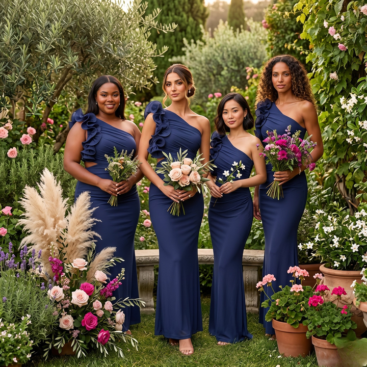 Gilded Garden Navy Ruffle One-Shoulder Bridesmaid Gown  —  Luxe Destination Edition