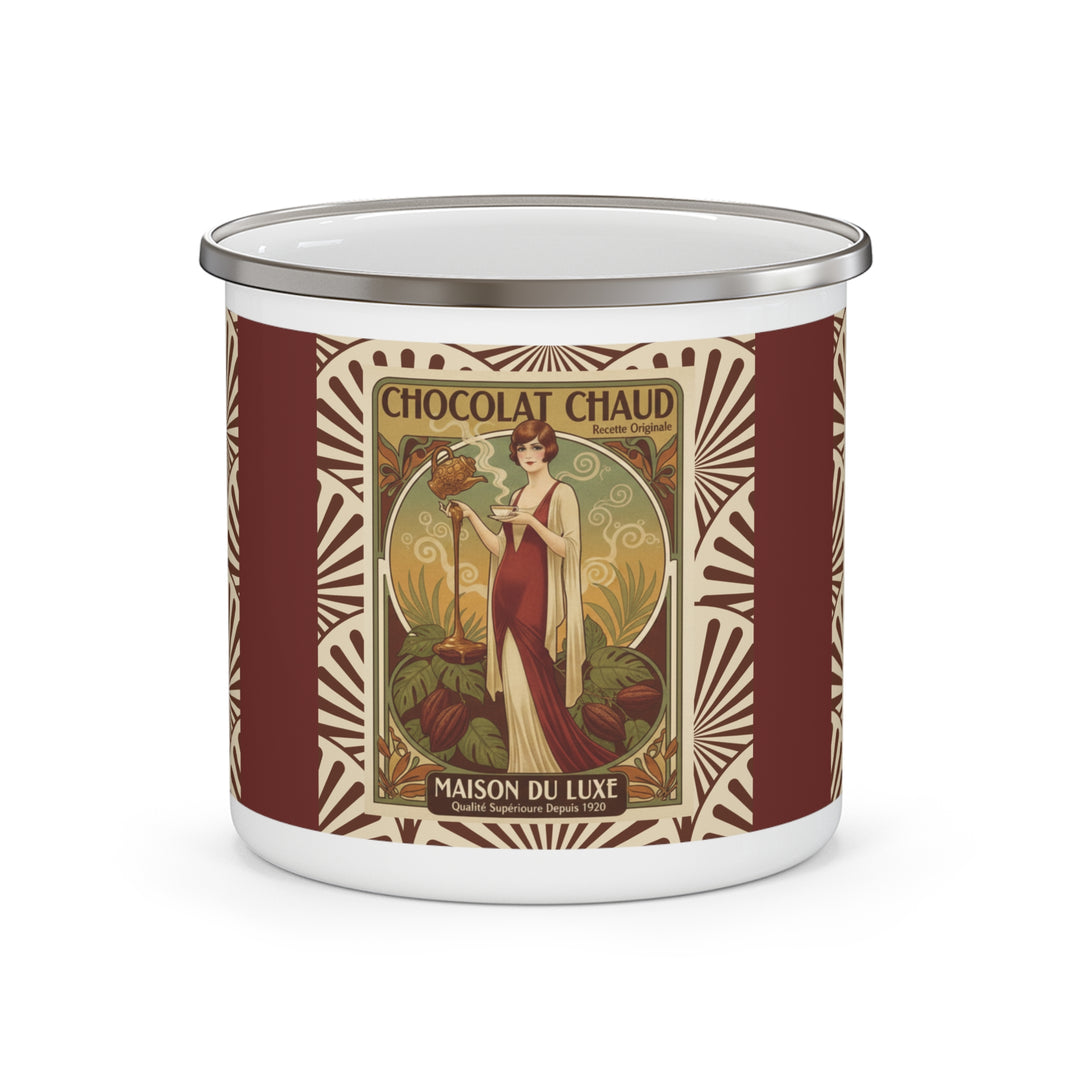 Chocolat Chaud Élégance Enamel Camping Mug | Vintage French Hot Chocolate Art Cup