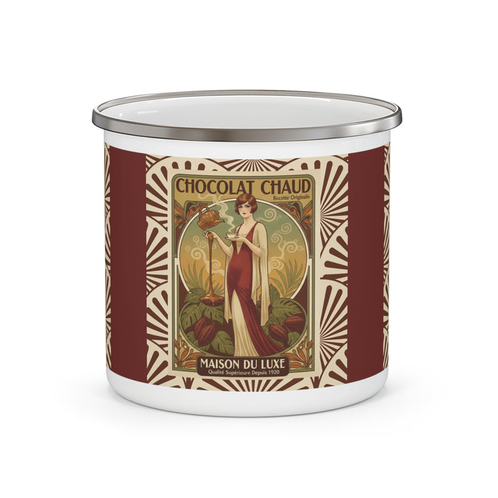 Chocolat Chaud Élégance Enamel Camping Mug | Vintage French Hot Chocolate Art Cup