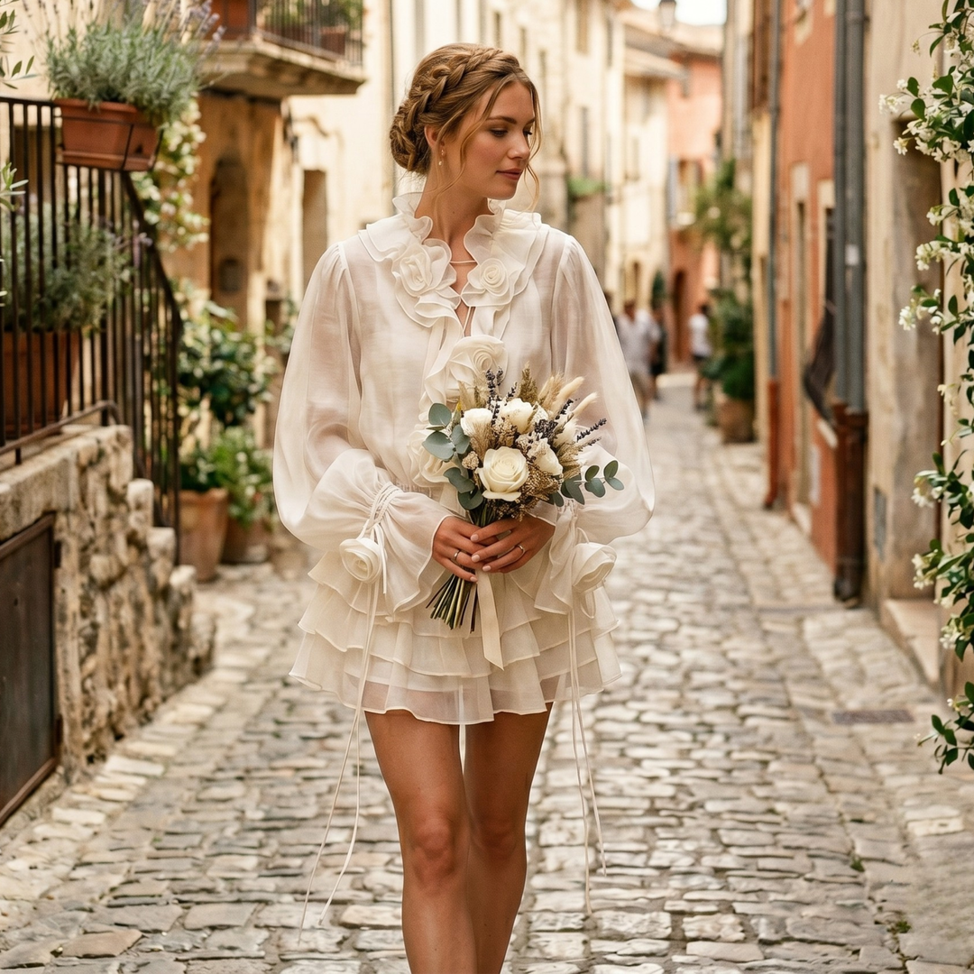 Pearl Union Ethereal Bloom Ruffled Lace Destination Bridal Mini Dress