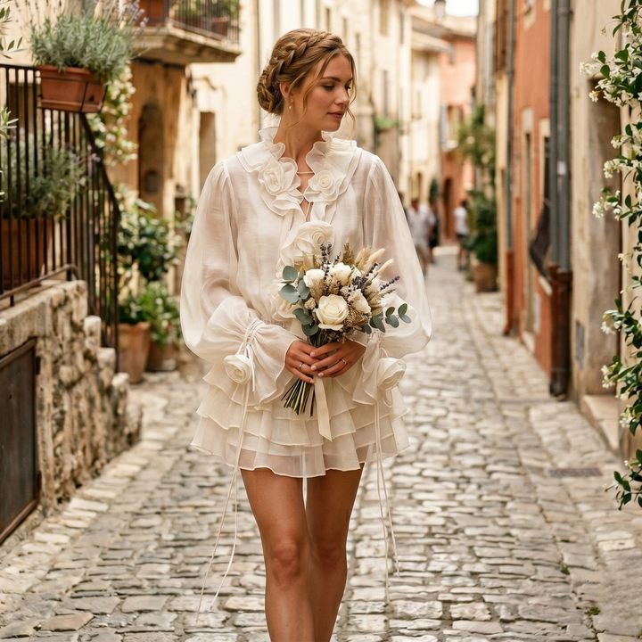 Pearl Union Ethereal Bloom Ruffled Lace Destination Bridal Mini Dress