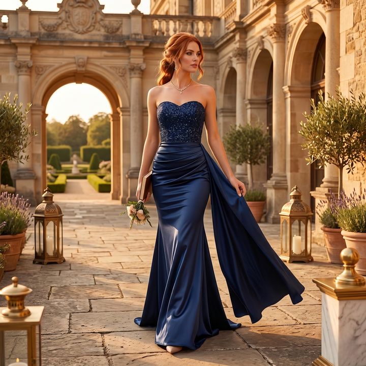 Gilded Garden Navy Sequin Strapless Bridesmaid Gown  —  Black Tie Destination Edition