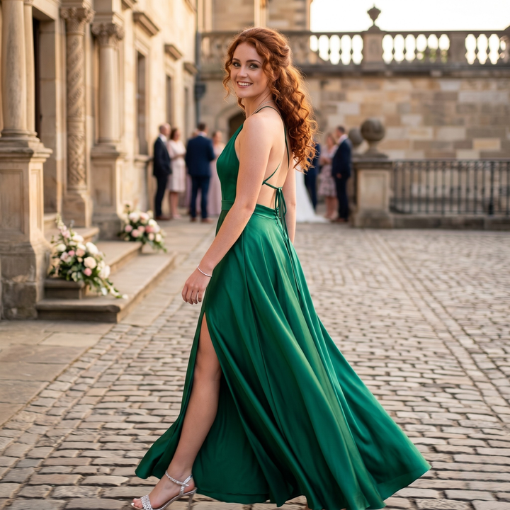 Emerald Embrace Halter Backless Bridesmaid Maxi Dress with Slit