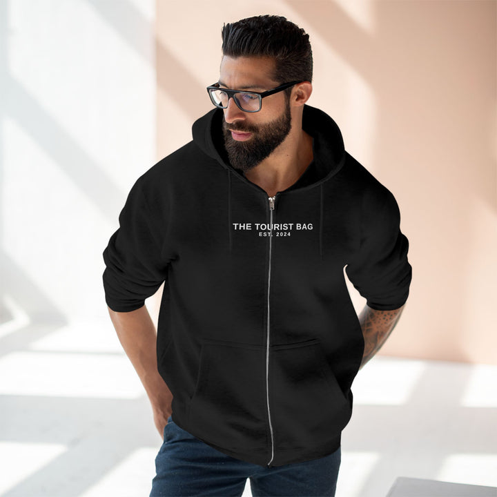 Embrace the Journey – Roadtrip Collage, Unisex Zip Hoodie (Black)