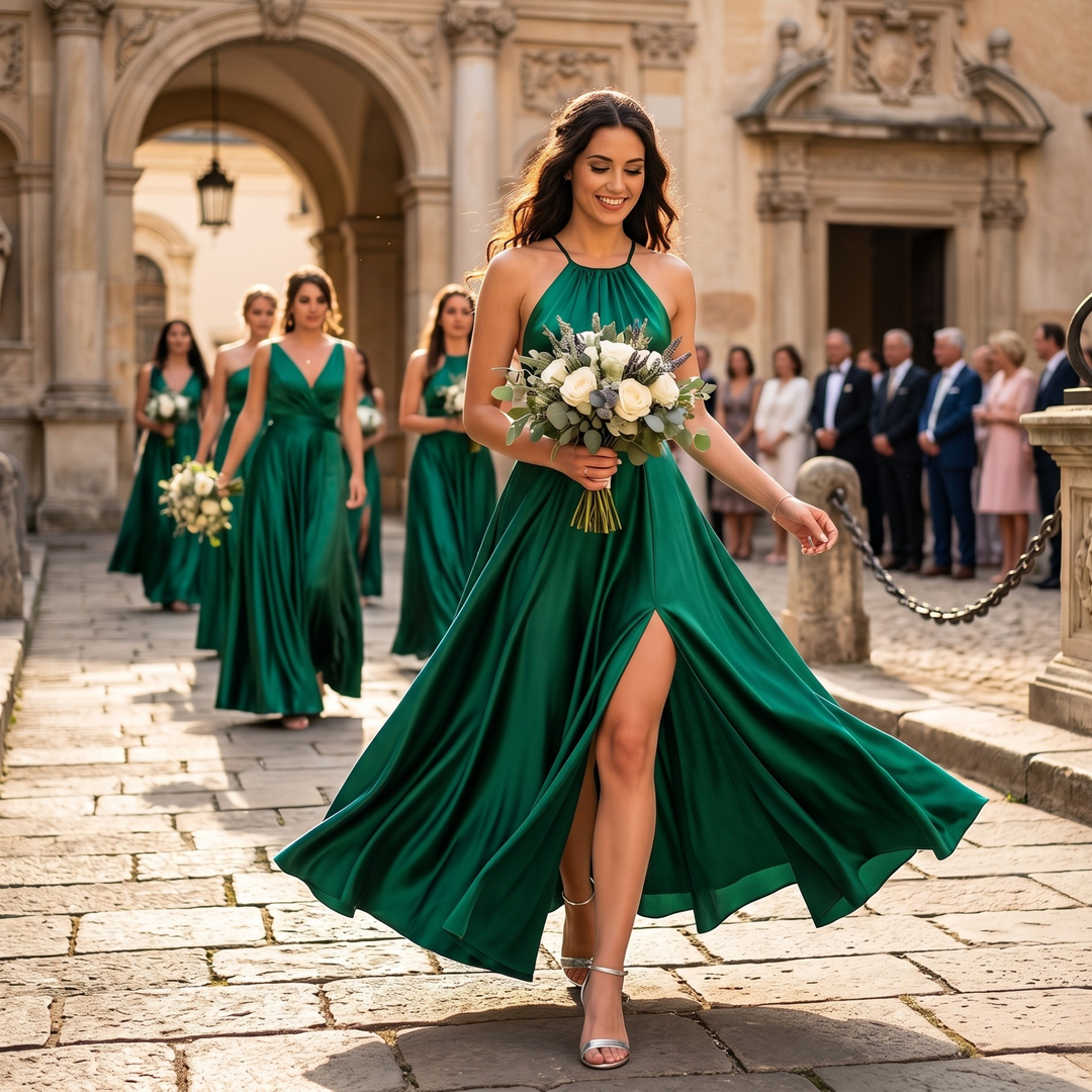 Emerald Embrace Halter Backless Bridesmaid Maxi Dress with Slit