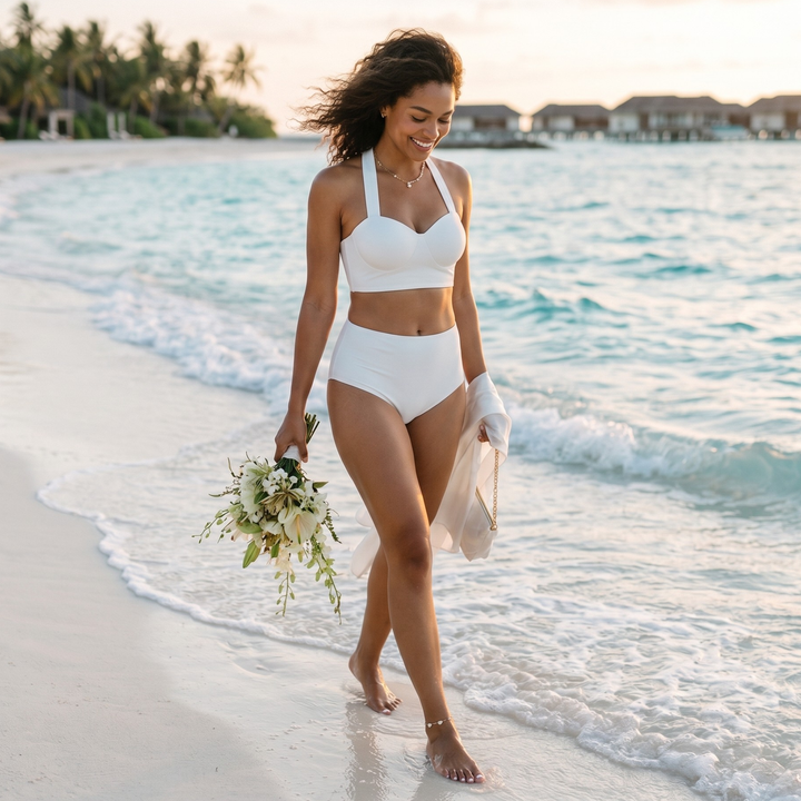 Pearl Union Bridal Halter Two-Piece Swimsuit  —  High-Waisted Honeymoon Set