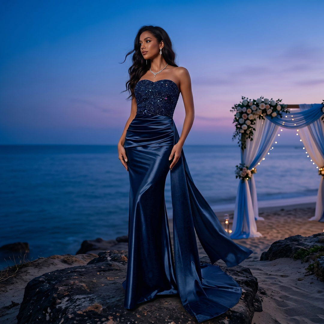 Gilded Garden Navy Sequin Strapless Bridesmaid Gown  —  Black Tie Destination Edition