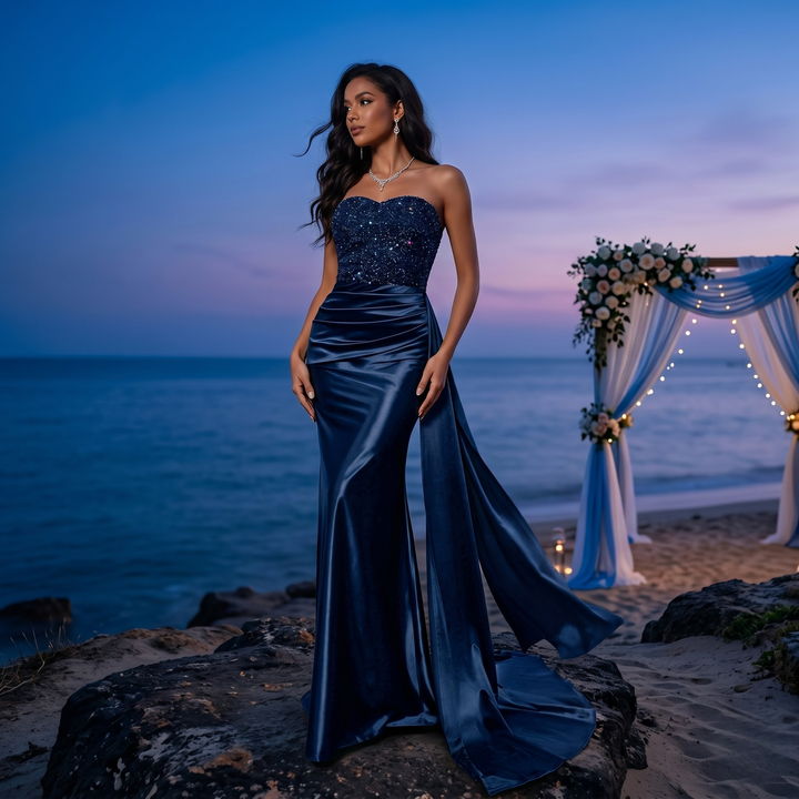 Gilded Garden Navy Sequin Strapless Bridesmaid Gown  —  Black Tie Destination Edition