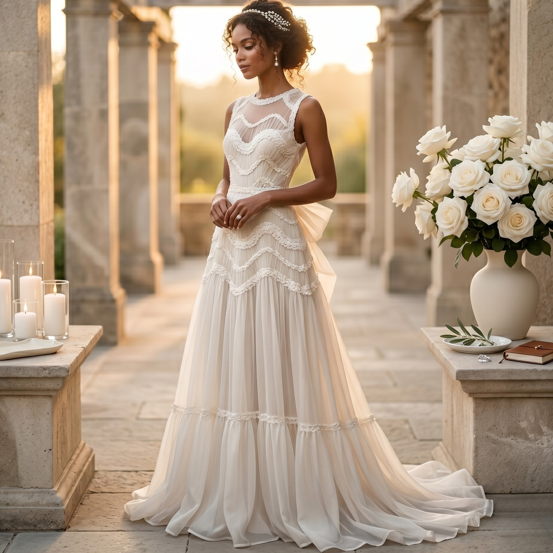 Pearl Union Celestine Veil Tiered Lace Bridal Dress