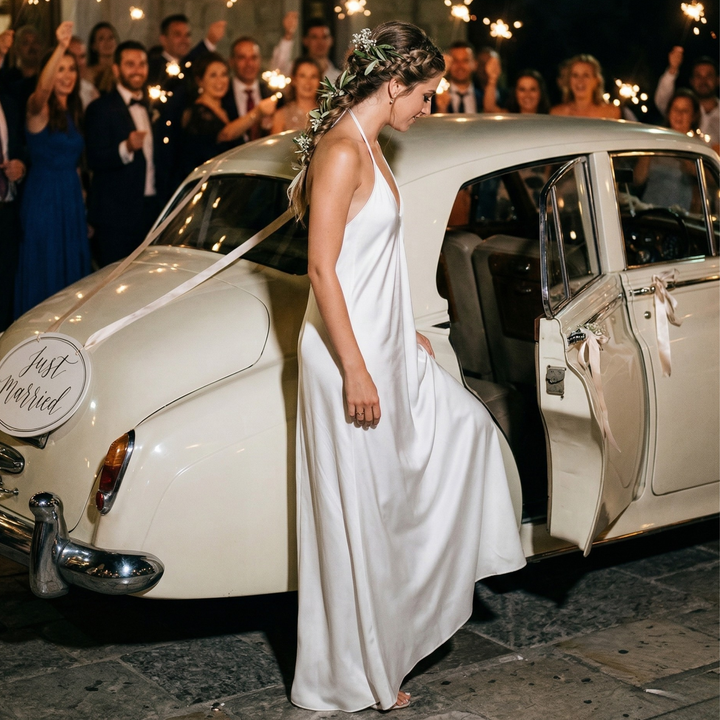 Pearl Union White Satin Halter Dress  —  Backless Bridal Slip Dress for Wedding Morning & Honeymoon