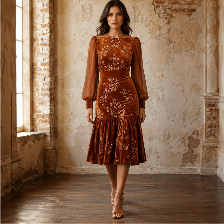 Copper Keepsake Velvet Floral Midi Dress