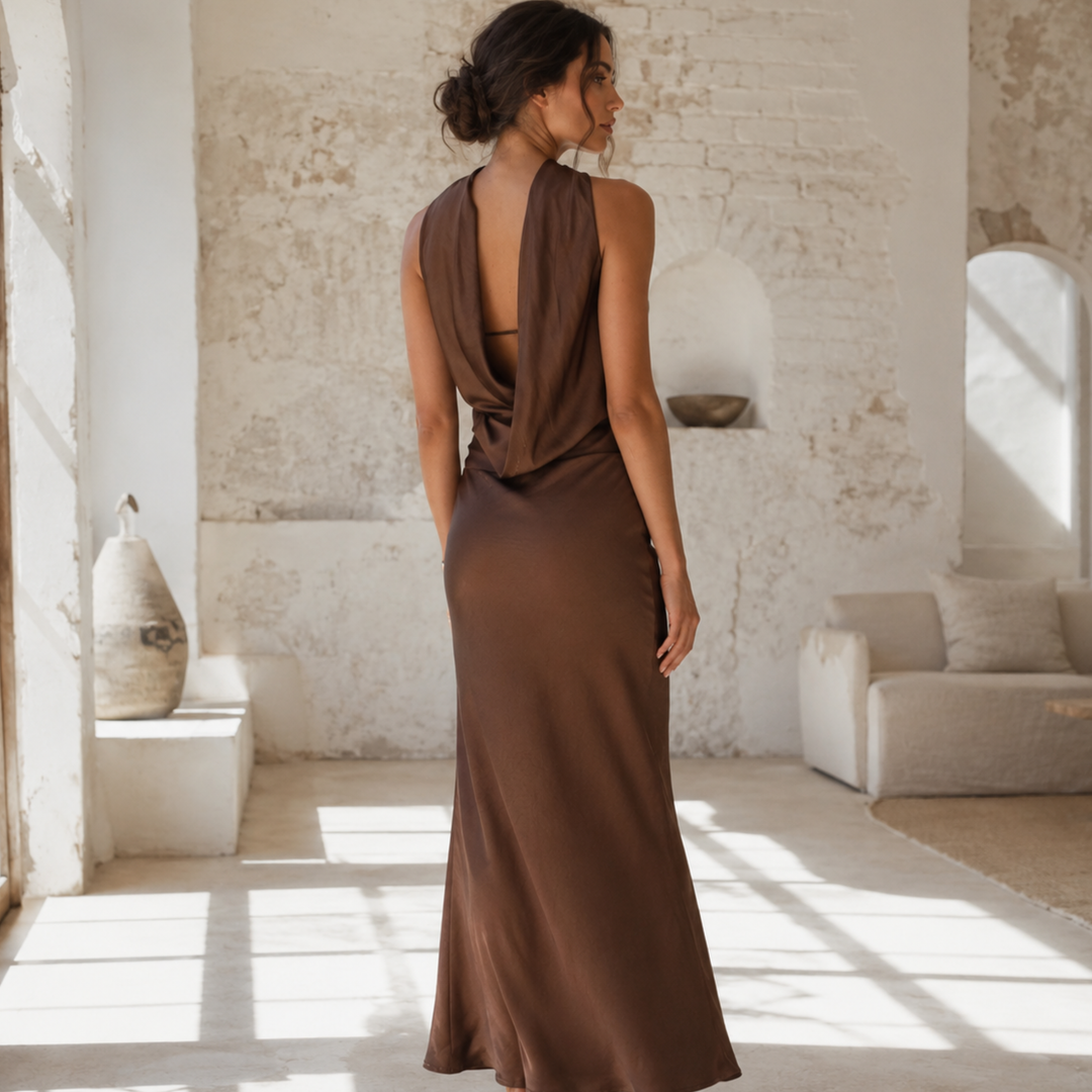 Chocolate Amour Strapless Satin Column  Dress with Draped Cowl Back