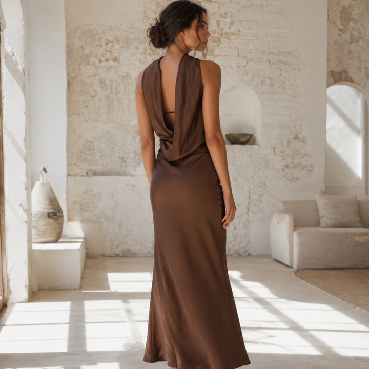 Chocolate Amour Strapless Satin Column  Dress with Draped Cowl Back