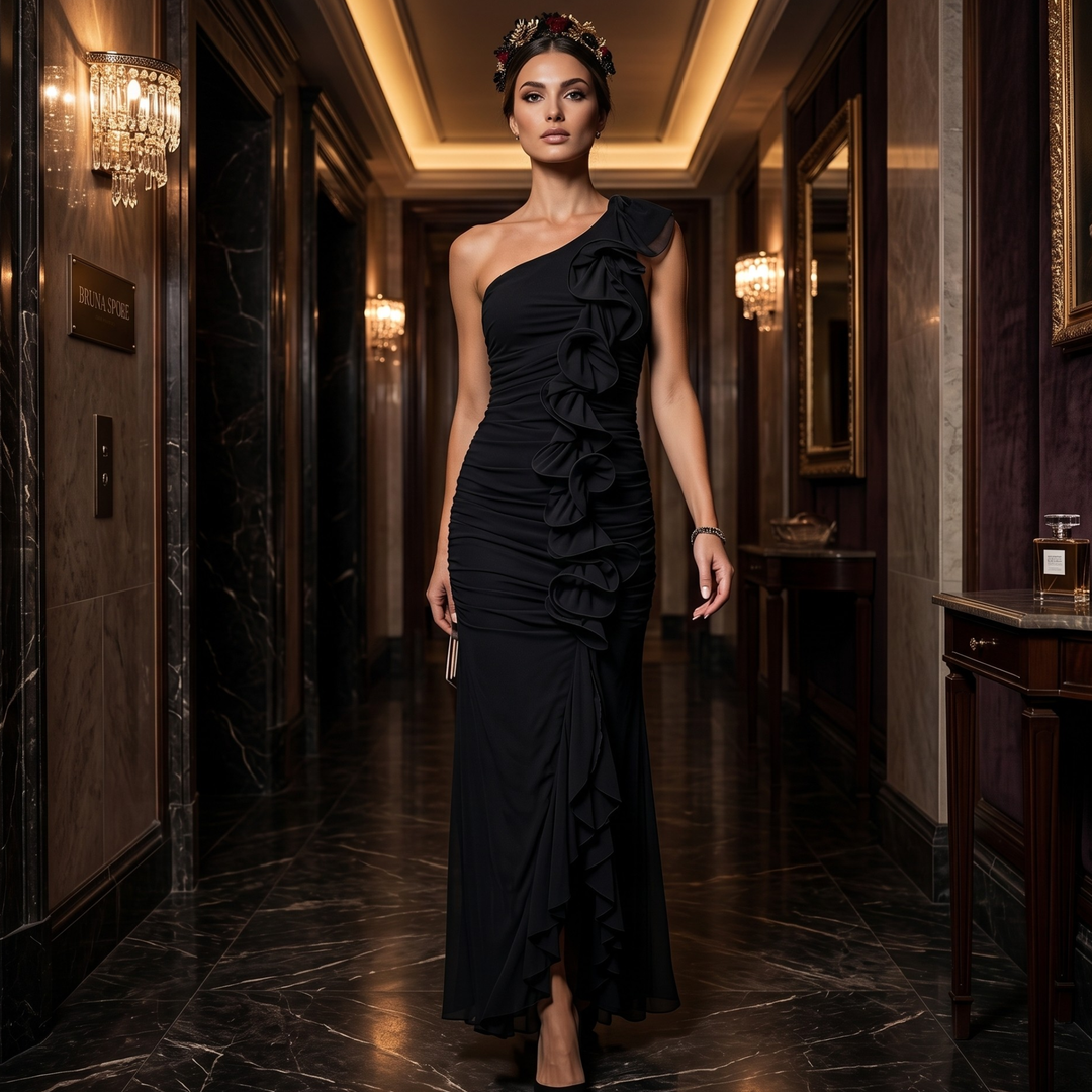 Midnight Union Ruffle Cascade One-Shoulder Gown Modern Black Bridal Dress for Destination Weddings