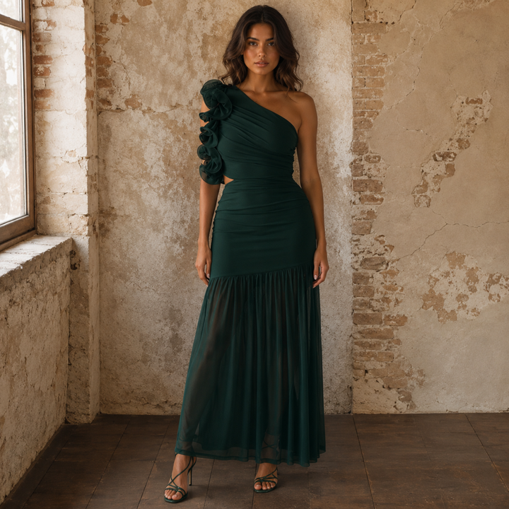 Emerald Embrace One-Shoulder Ruffle Maxi Dress with Cutout