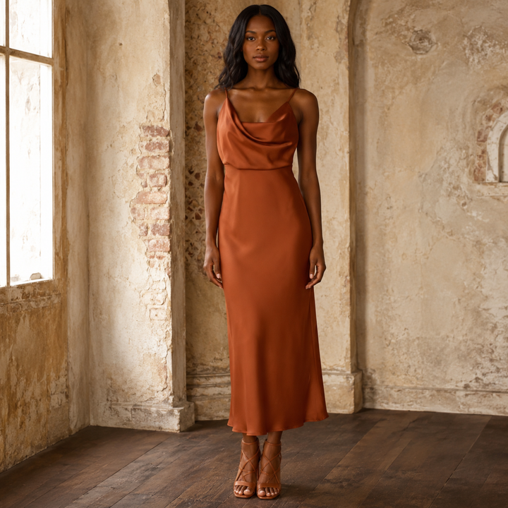 Copper Keepsake Satin Slip Midi Dress  —  Asymmetrical Cowl Neck