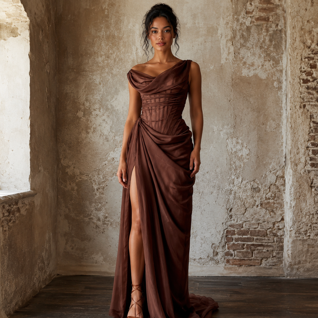 Chocolate Amour Draped Corset One-Shoulder Satin Gown