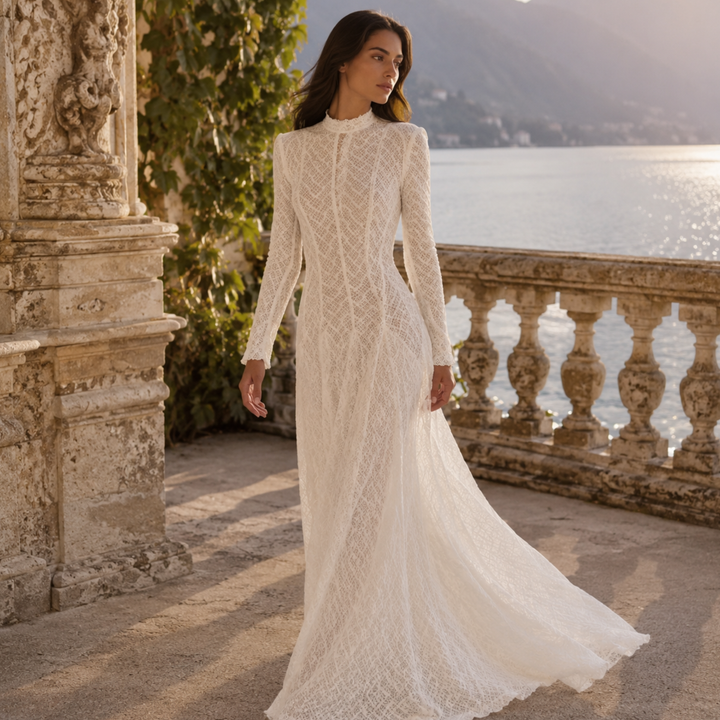 Pearl Union Alpine Noir Long Sleeve Mountain Bridal Gown- Lace Mock Neck Long Sleeve Maxi Dress