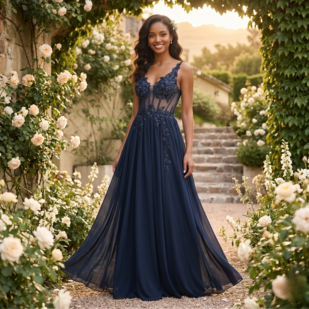 Gilded Garden Navy Illusion Lace Bridesmaid Gown – Garden Destination Wedding Edition