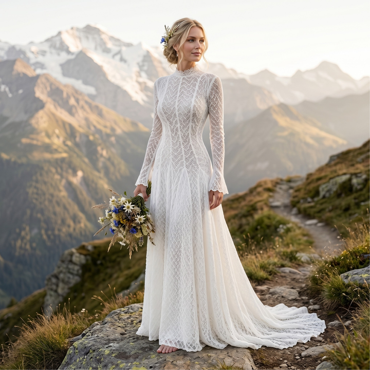 Pearl Union Alpine Noir Long Sleeve Mountain Bridal Gown- Lace Mock Neck Long Sleeve Maxi Dress