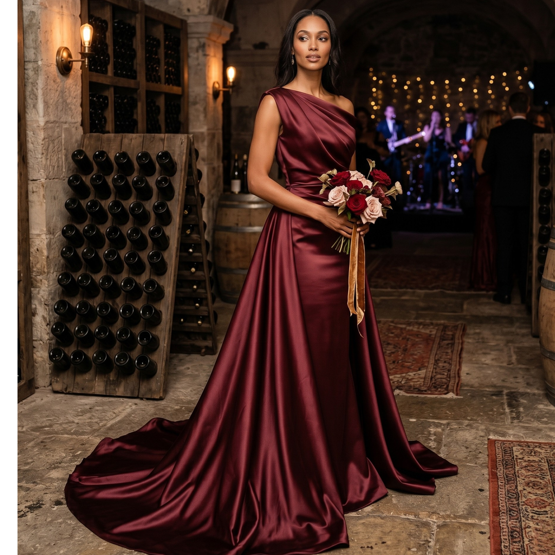 Crimson Promise Satin Mermaid Gown – Vintage Vineyard Destination Bridesmaid Dress