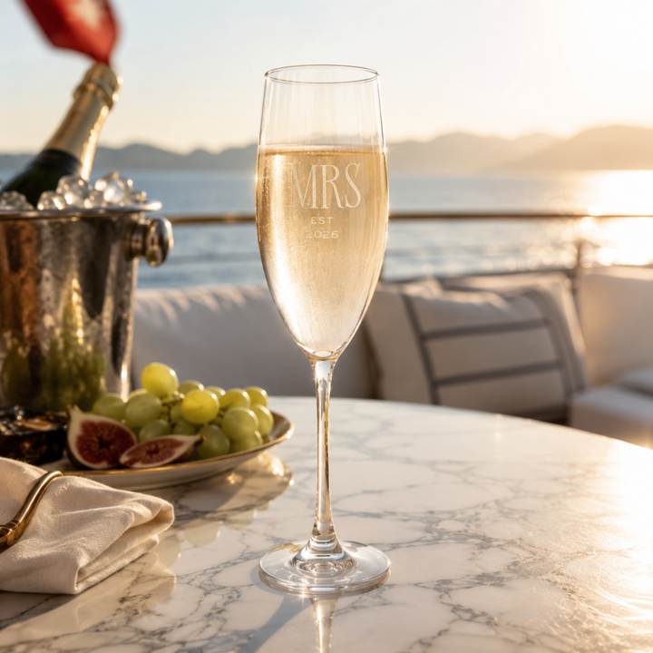 Pearl Union Mrs Est. 2026 Engraved Champagne Flute  —  Bridal Wedding & Honeymoon Toast Glass