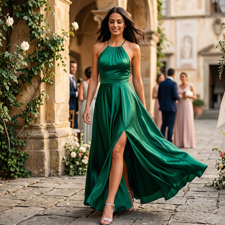 Emerald Embrace Halter Backless Bridesmaid Maxi Dress with Slit