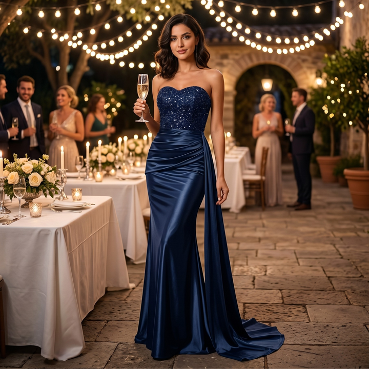 Gilded Garden Navy Sequin Strapless Bridesmaid Gown  —  Black Tie Destination Edition